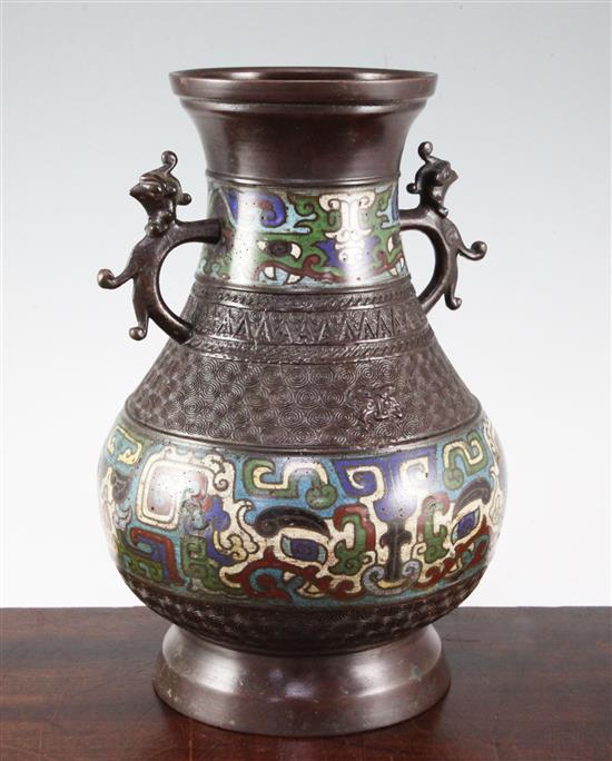 A Japanese bronze and champleve enamel baluster vase, late 19th century, 29.5cm